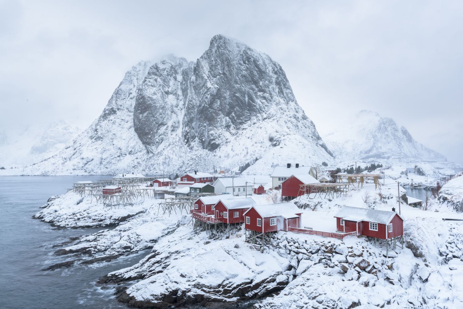 Village of Hamnoy covered in snow